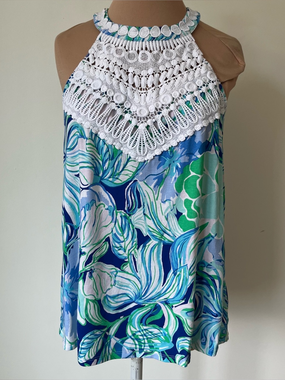 Lilly Pulitzer Dawn Floral Halter Multi Party Thyme Blue Green Lace Top Size XS
